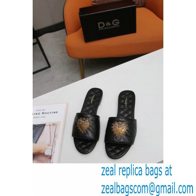 Dolce  &  Gabbana Leather Sliders Black with Devotion Heart 2021